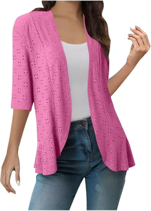 HGps8w Lightweight Summer Eyelet Cardigans for Women Open Front Hollow Ruffle Half Sleeve Kimono Cover Ups