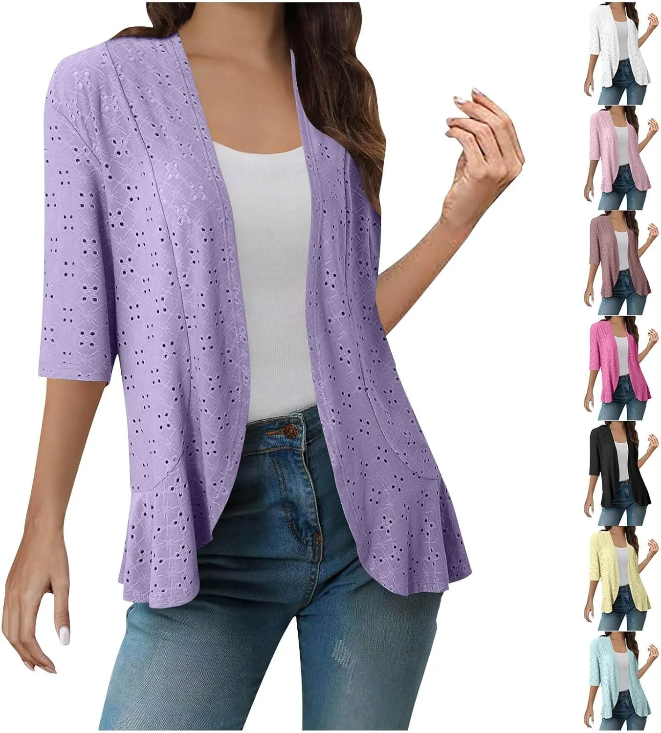 HGps8w Lightweight Summer Eyelet Cardigans for Women Open Front Hollow Ruffle Half Sleeve Kimono Cover Ups