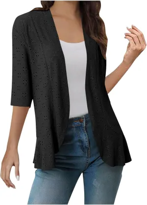HGps8w Lightweight Summer Eyelet Cardigans for Women Open Front Hollow Ruffle Half Sleeve Kimono Cover Ups