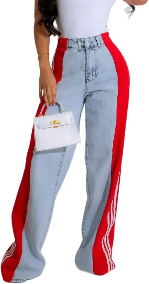 High-Waisted Denim Wide-Leg Jeans, Striped Side Panel Design, Stretch Bootcut, Light Blue