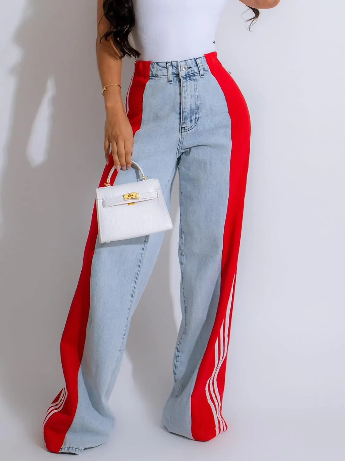 High-Waisted Denim Wide-Leg Jeans, Striped Side Panel Design, Stretch Bootcut, Light Blue