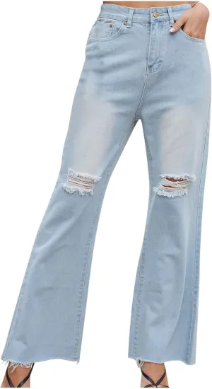 High Waisted Jeans for Women Ripped Distressed Wide Straight Leg Denim Pant Loose Casual Vintage Row Hem Jean Trouser