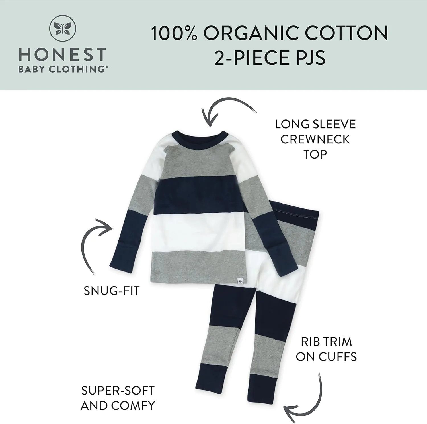 HonestBaby 2-Piece Pajamas Sleepwear PJs 100% Organic Cotton for Baby, Toddler, Kids, Boy