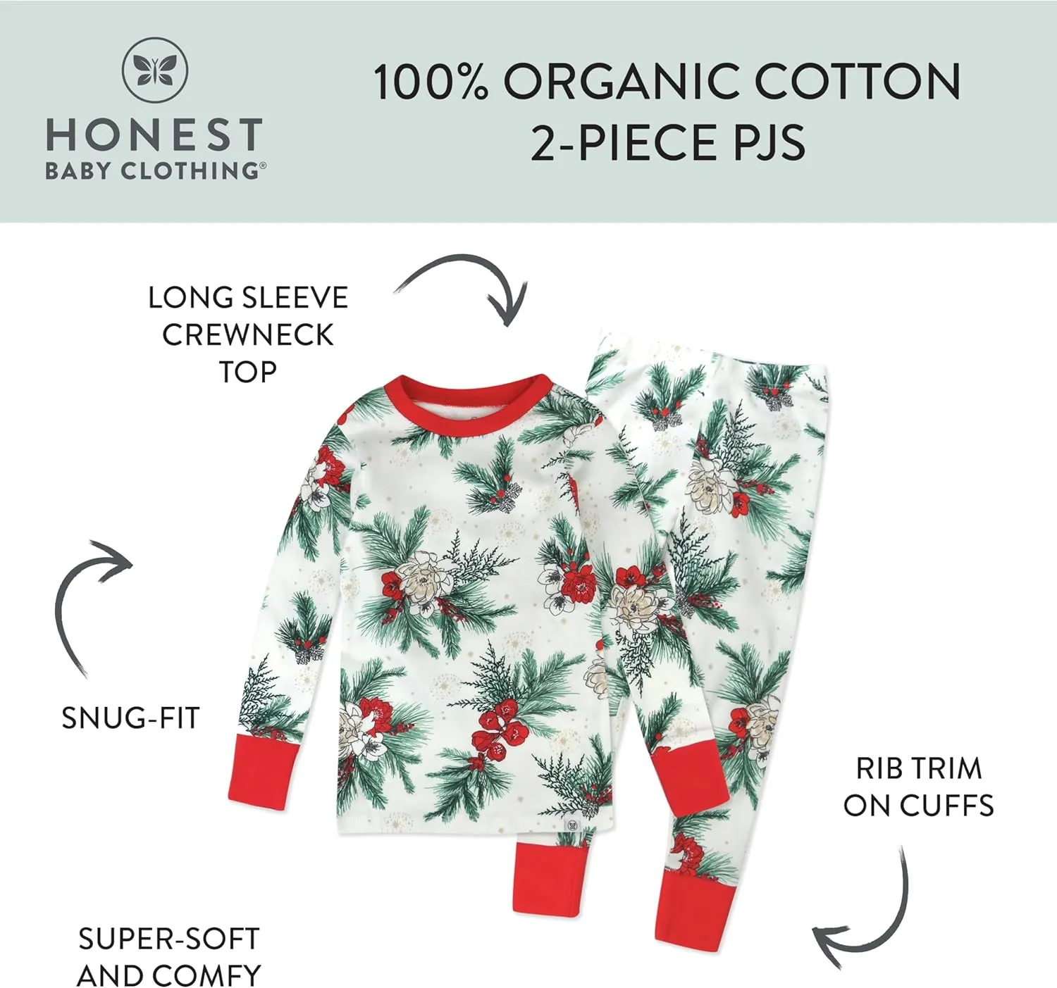 HonestBaby Holiday 2-Piece Pajamas Sleepwear Pjs 100% Organic Cotton for Baby, Toddler, Kids