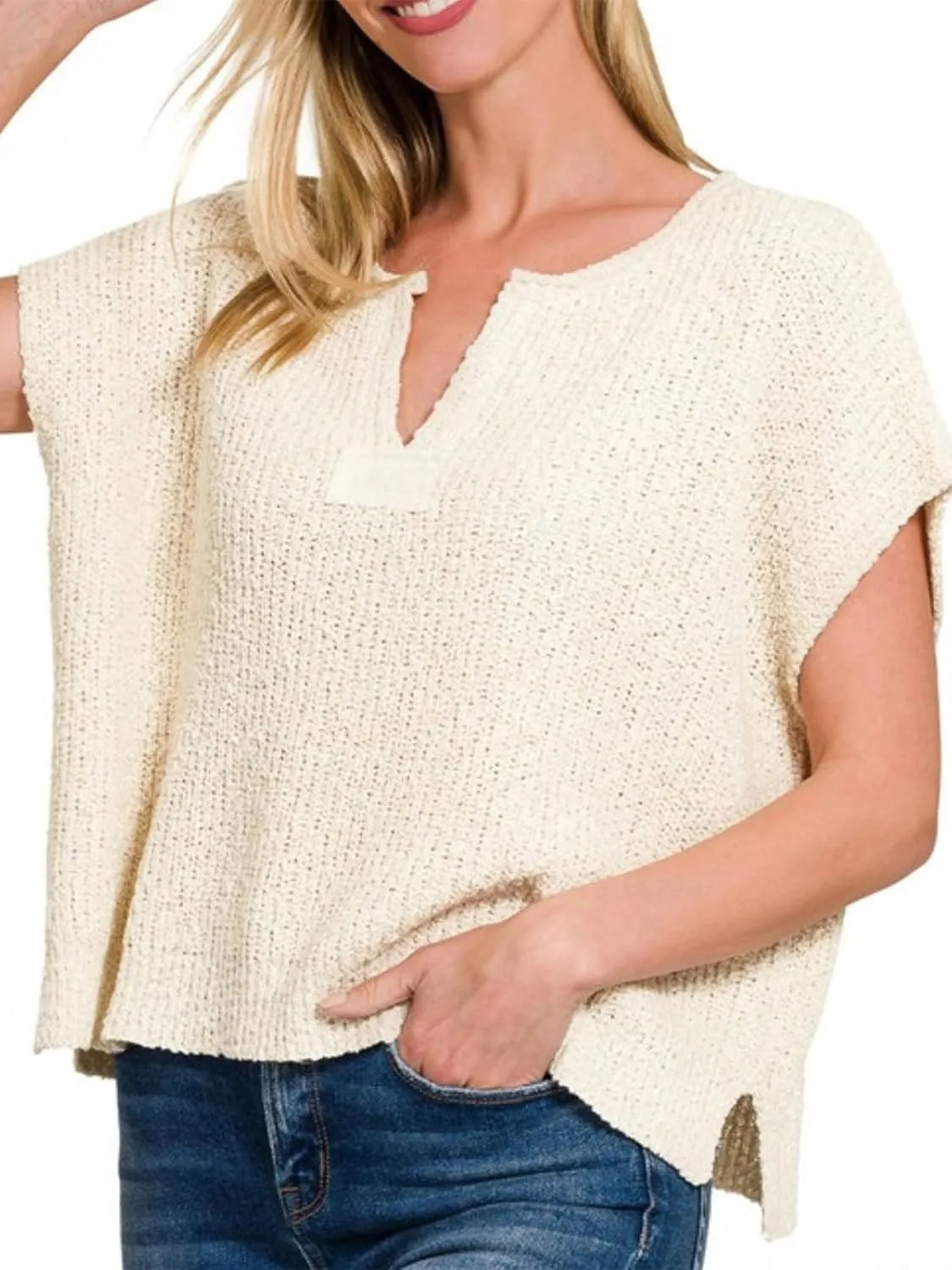 HOULENGS Women's Summer Cap Sleeve Sweaters Casual V Neck Lightweight Sweater Trendy Knit Pullover Tops