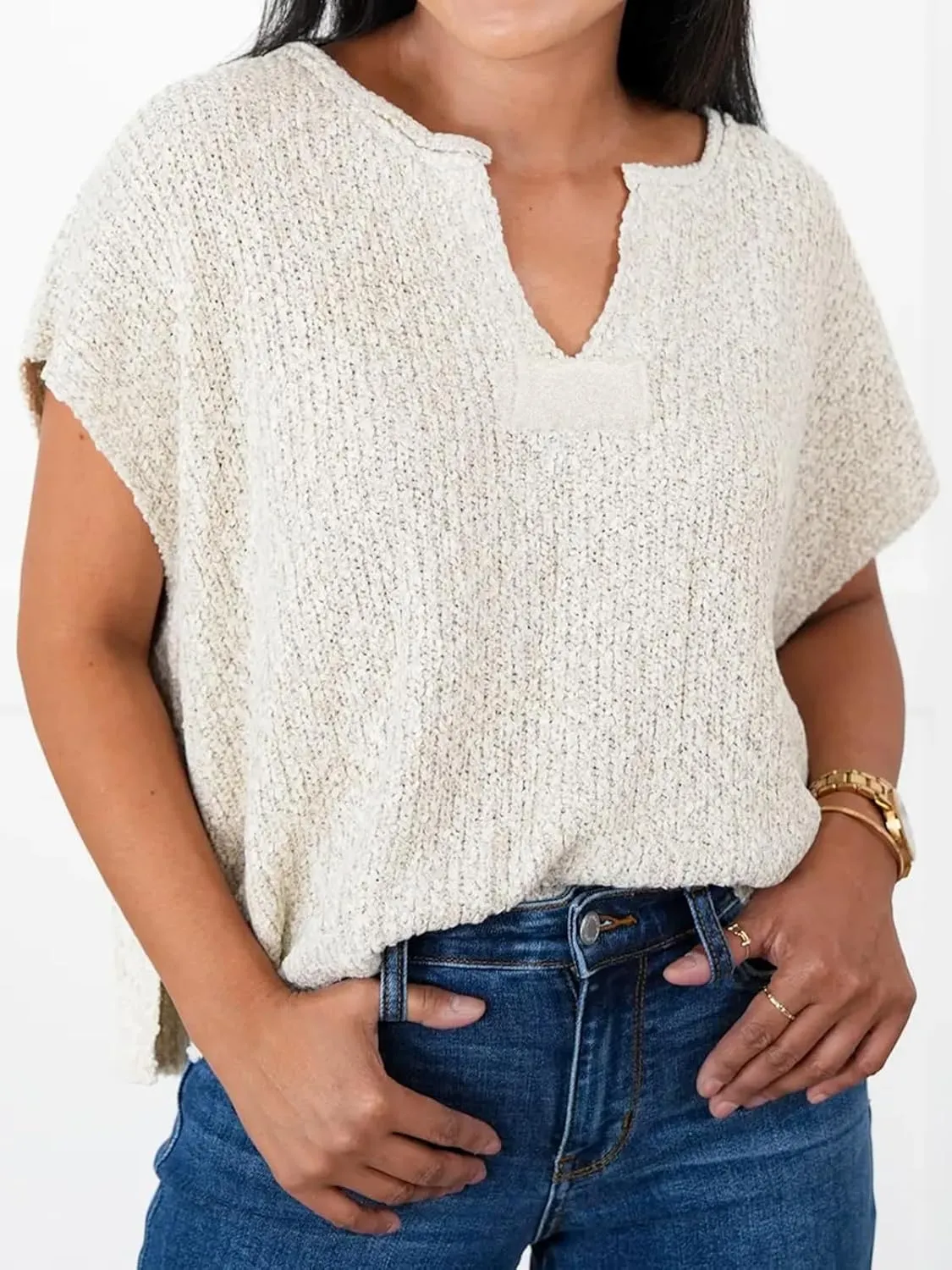 HOULENGS Women's Summer Cap Sleeve Sweaters Casual V Neck Lightweight Sweater Trendy Knit Pullover Tops