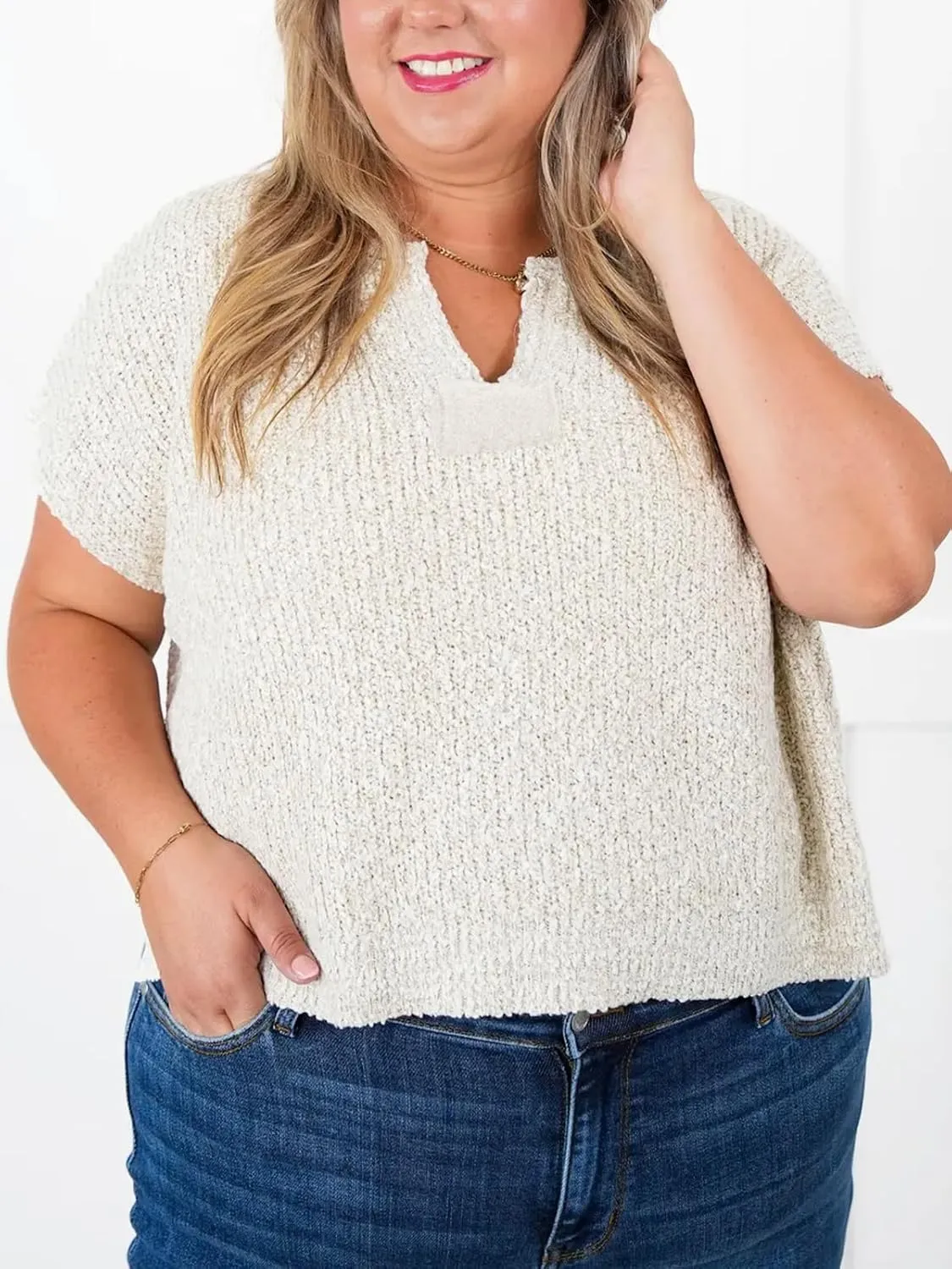 HOULENGS Women's Summer Cap Sleeve Sweaters Casual V Neck Lightweight Sweater Trendy Knit Pullover Tops