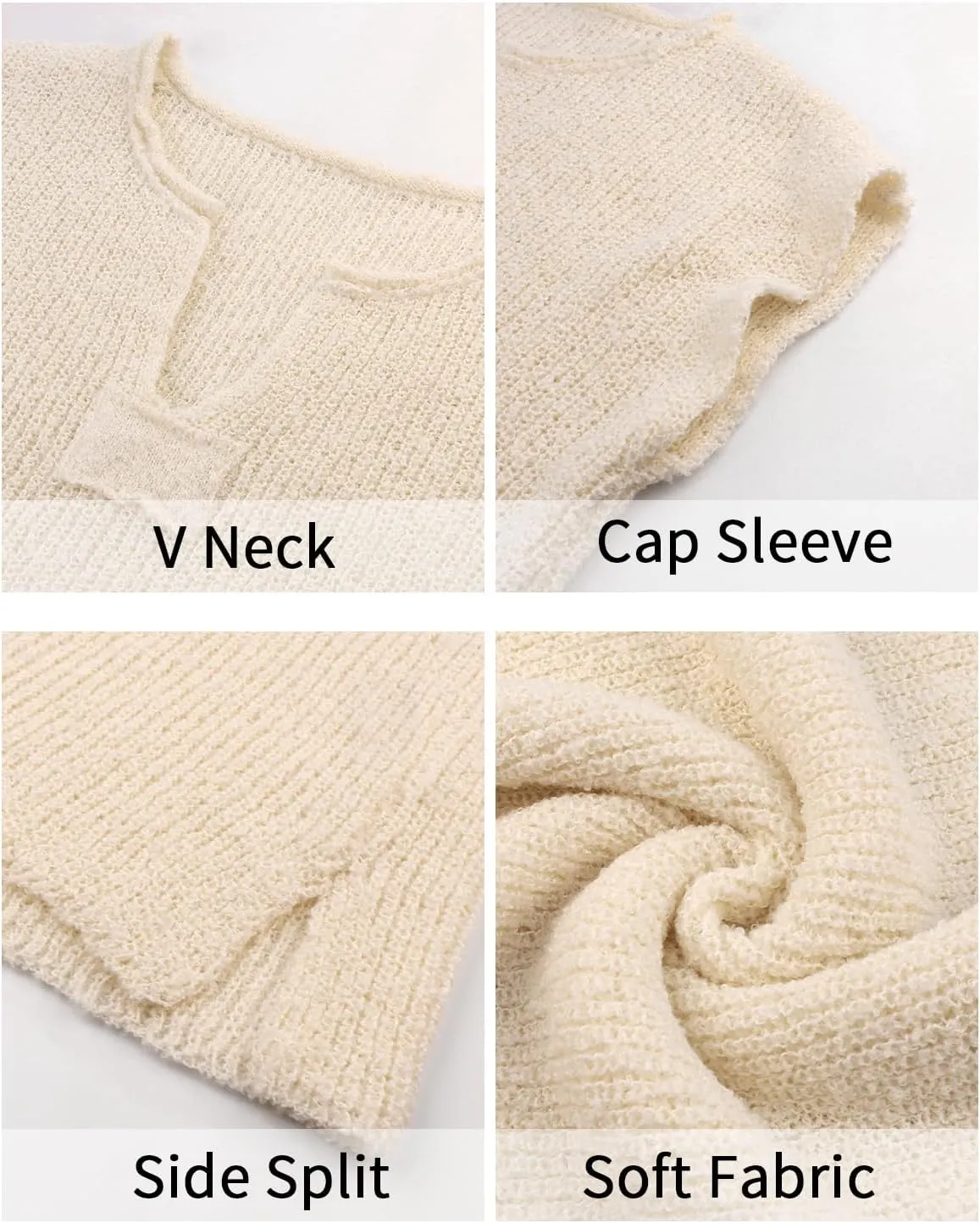 HOULENGS Women's Summer Cap Sleeve Sweaters Casual V Neck Lightweight Sweater Trendy Knit Pullover Tops