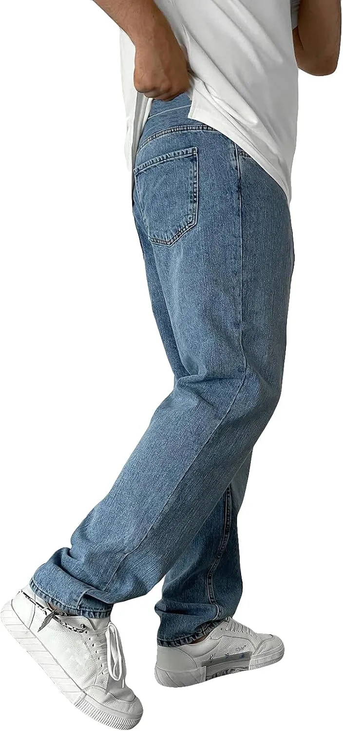 Hulpvktsgiq Men's Baggy Straight Leg Jeans Retro Solid Color Loose Fit Work Denim Pants Big&Tall