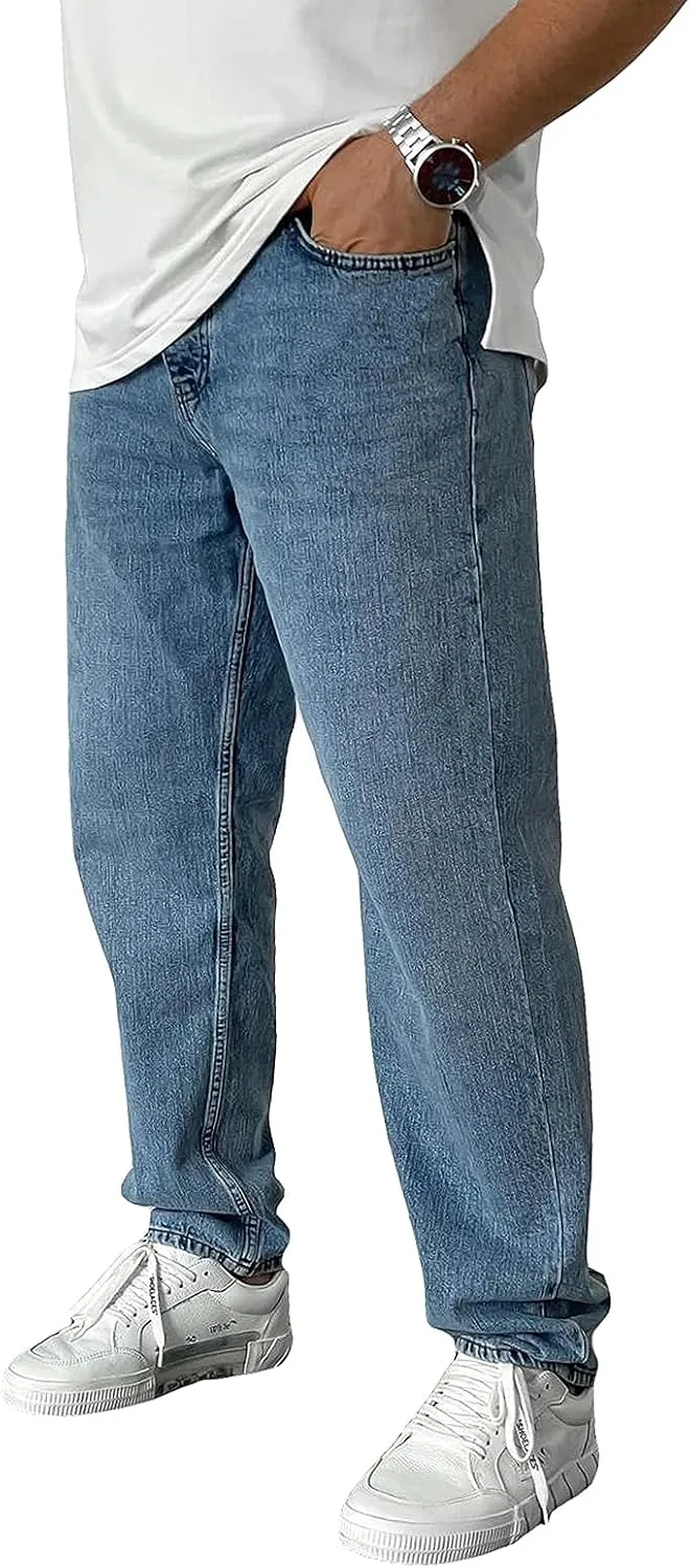 Hulpvktsgiq Men's Baggy Straight Leg Jeans Retro Solid Color Loose Fit Work Denim Pants Big&Tall