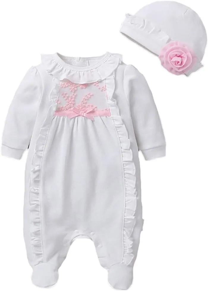 Infant Baby Girl Ruffled Cotton Footies Footed Overall Romper with Hat Toddler Baby Footed Jumpsuit