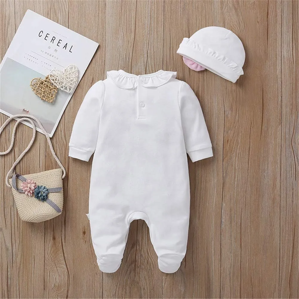 Infant Baby Girl Ruffled Cotton Footies Footed Overall Romper with Hat Toddler Baby Footed Jumpsuit