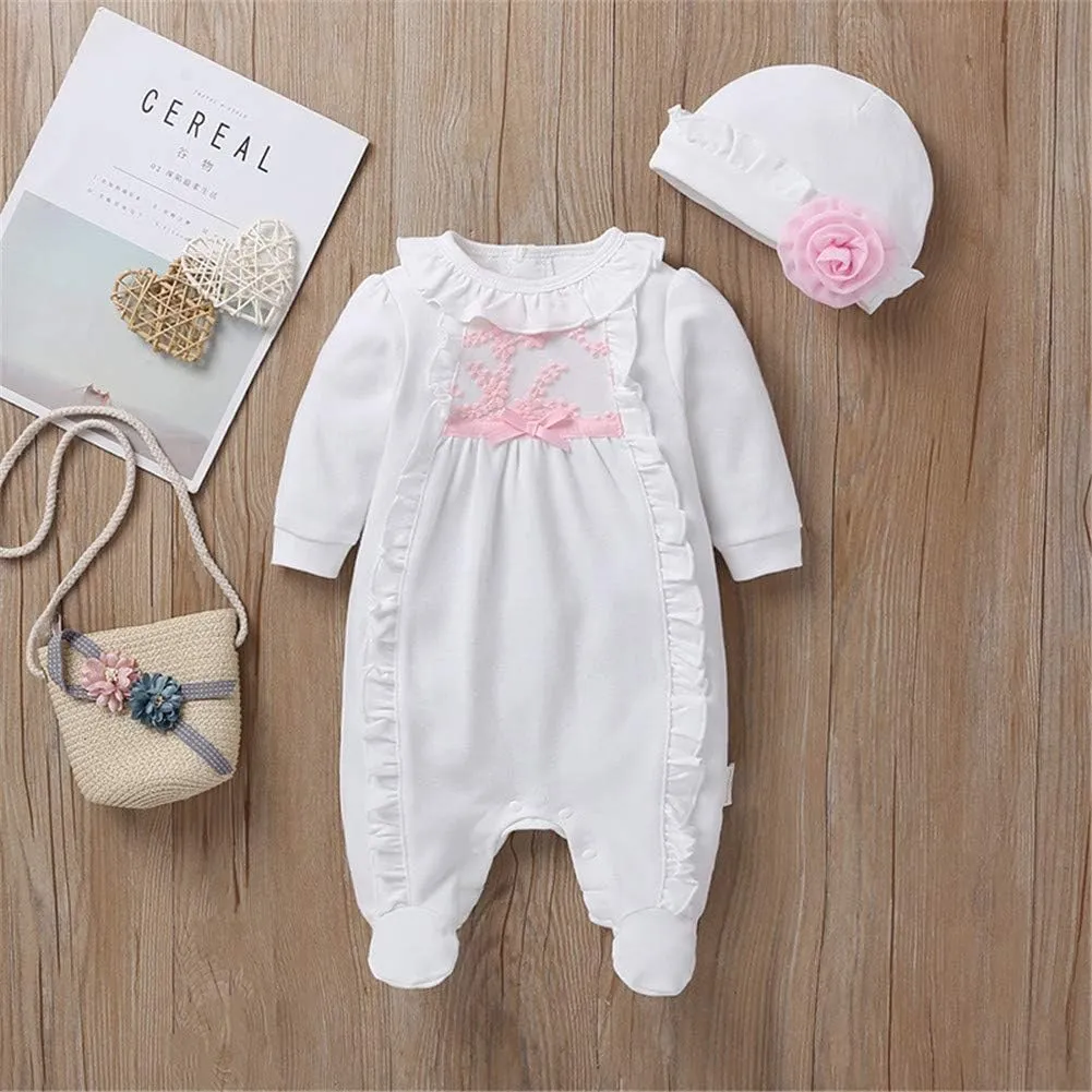 Infant Baby Girl Ruffled Cotton Footies Footed Overall Romper with Hat Toddler Baby Footed Jumpsuit