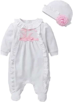 Infant Baby Girl Ruffled Cotton Footies Footed Overall Romper with Hat Toddler Baby Footed Jumpsuit