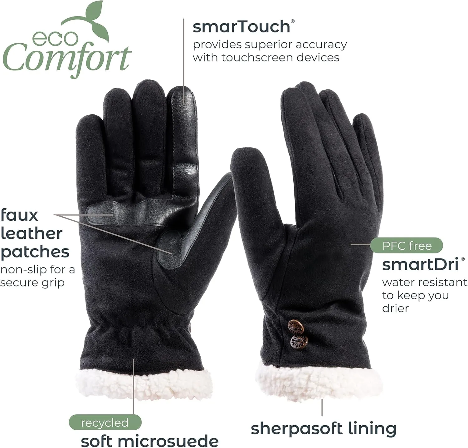 isotoner Womens Recycled Microsuede Water Repellent Cold Weather Gloves With Sherpasoft Lining, Touch Screen Capable