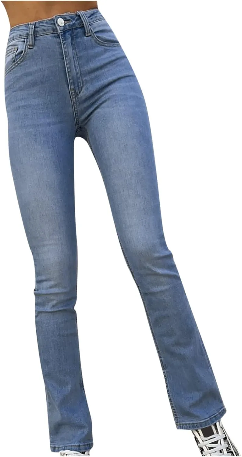 Jeans for Women Trendy Bell Bottom Slit Hem Ankle Denim Pants Casual High Waisted Skinny Stretch Jeans