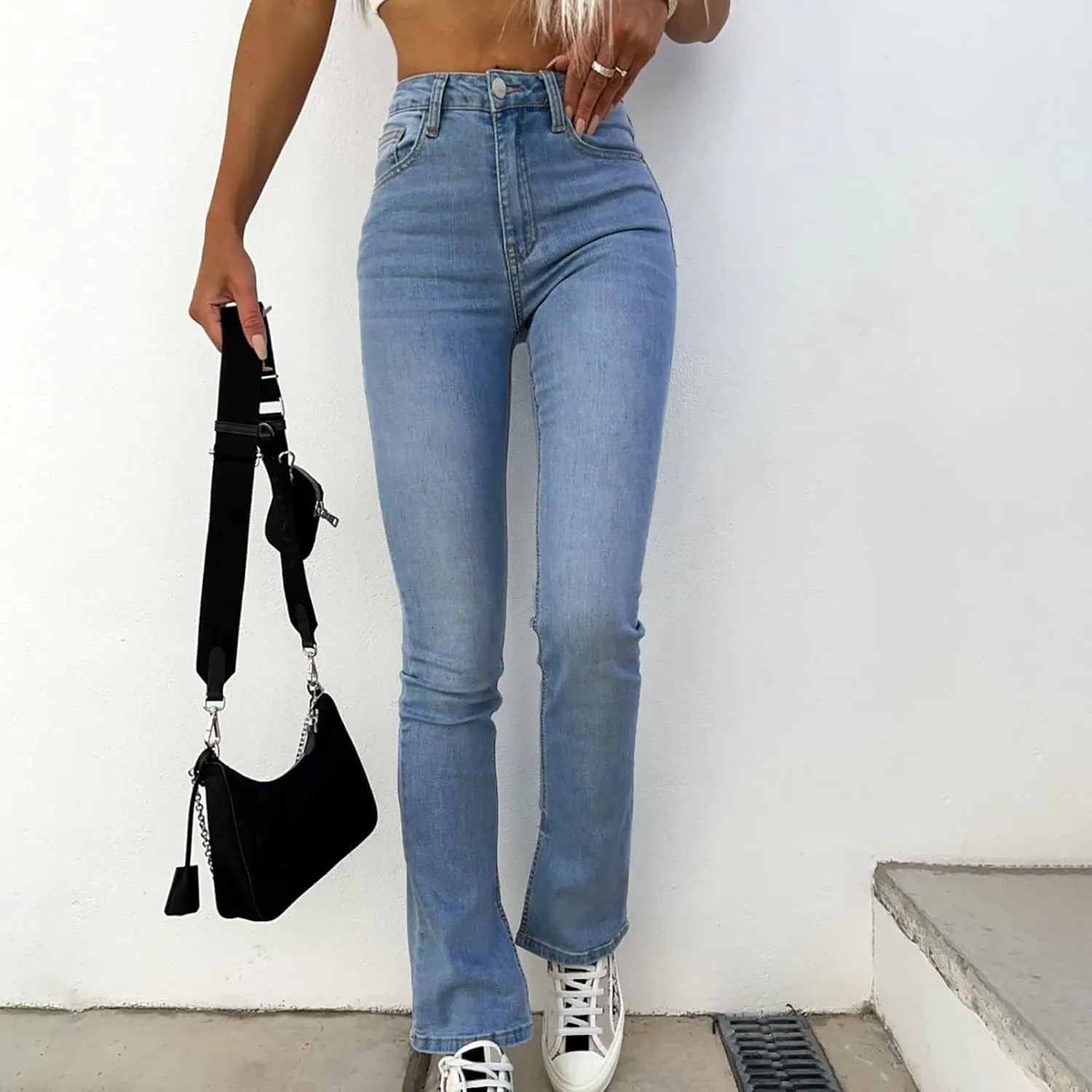 Jeans for Women Trendy Bell Bottom Slit Hem Ankle Denim Pants Casual High Waisted Skinny Stretch Jeans