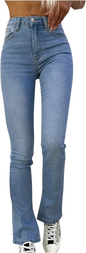 Jeans for Women Trendy Bell Bottom Slit Hem Ankle Denim Pants Casual High Waisted Skinny Stretch Jeans
