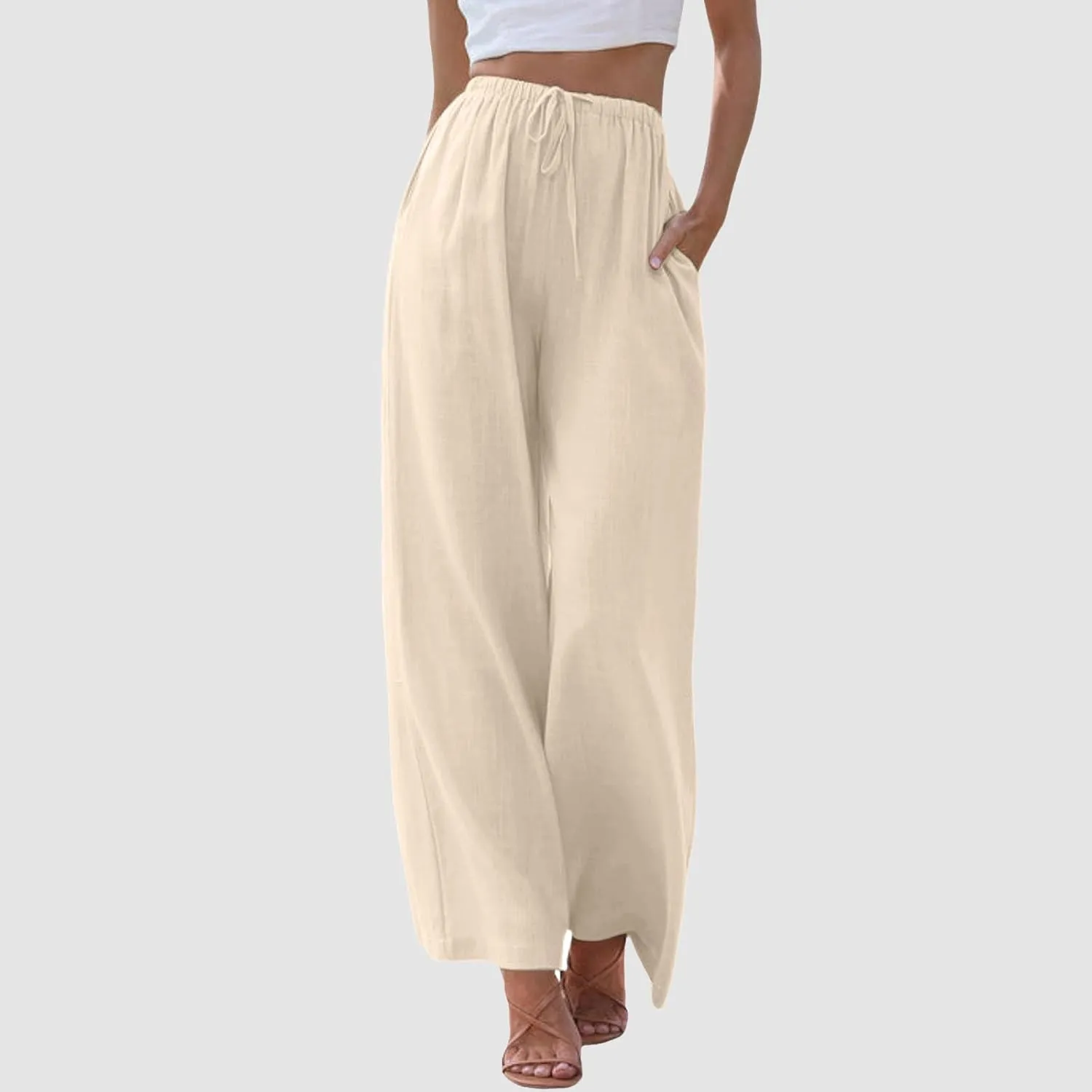 JiXiang Women High Waisted Wide Leg Pants Fashion Drawstring Elastic Trousers Comfy Straight Leg Long Pants with Pockets