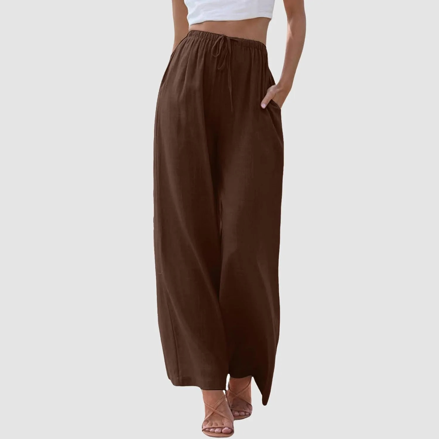 JiXiang Women High Waisted Wide Leg Pants Fashion Drawstring Elastic Trousers Comfy Straight Leg Long Pants with Pockets