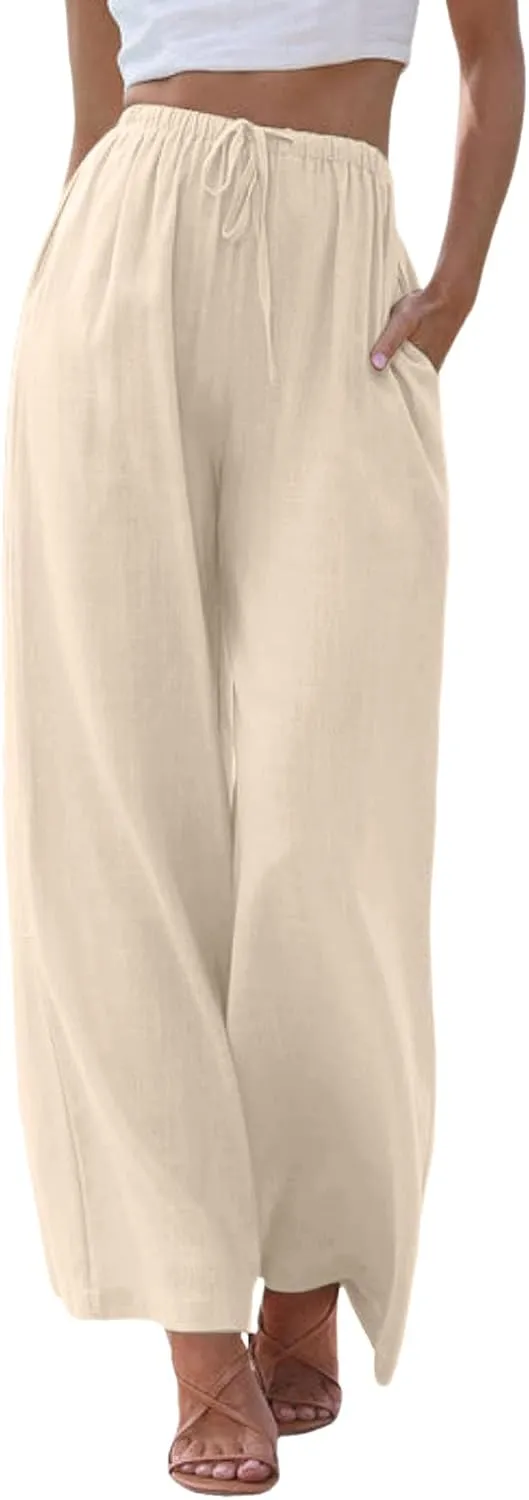 JiXiang Women High Waisted Wide Leg Pants Fashion Drawstring Elastic Trousers Comfy Straight Leg Long Pants with Pockets