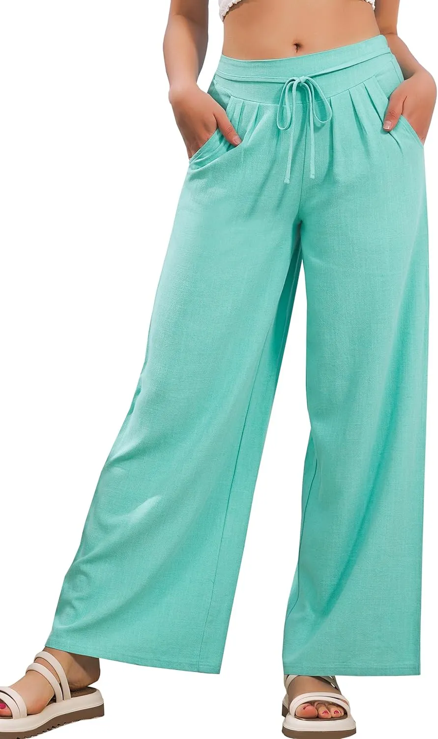 JK SUE JONES Linen Pants Women Summer Wide Leg Flowy Beach Satin Palazzo Pants Loose Casual Lounge Trousers