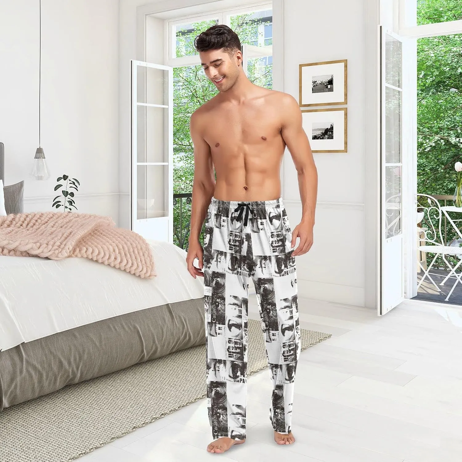 JUNZAN Abstract Newspaper Mens Pajama Pants Funny Pajama Bottoms for Men Lounge Pants S