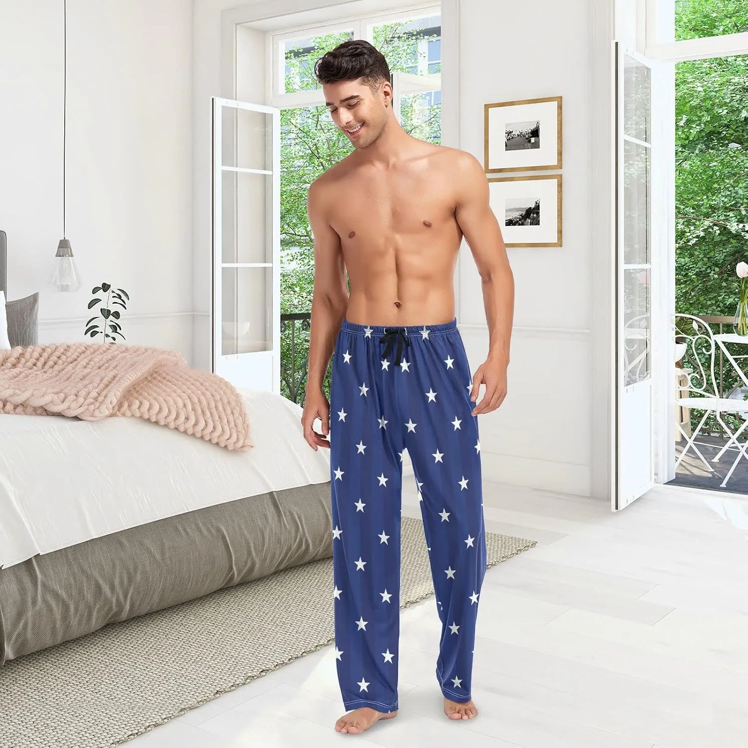 JUNZAN American Navy Star Mens Pajama Pants 4th July Funny Pajama Bottoms for Men Lounge Pants S