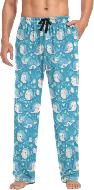 JUNZAN Cartoon Cute Dolphins Blue Cotton Pajama Bottoms Men with Pockets Warm Sleepwear for Spring Christmas Presents S