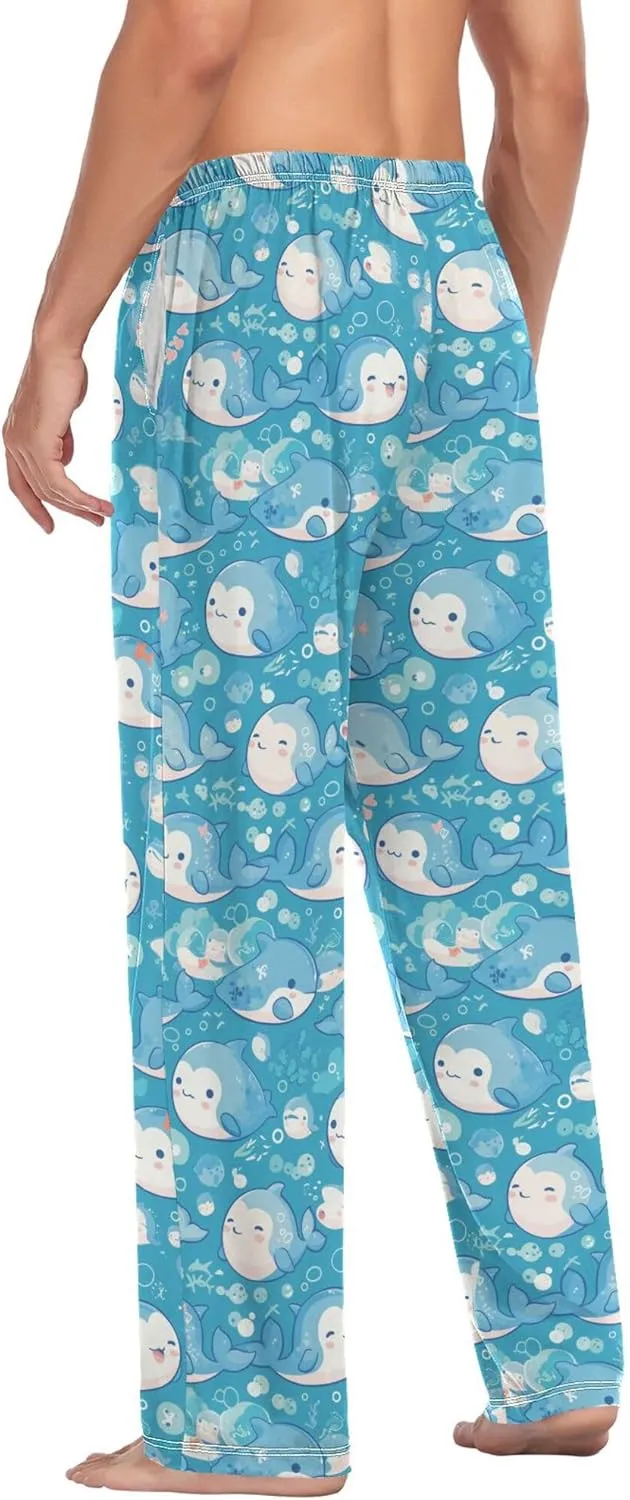 JUNZAN Cartoon Cute Dolphins Blue Cotton Pajama Bottoms Men with Pockets Warm Sleepwear for Spring Christmas Presents S