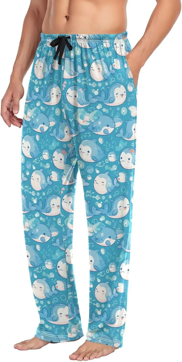 JUNZAN Cartoon Cute Dolphins Blue Cotton Pajama Bottoms Men with Pockets Warm Sleepwear for Spring Christmas Presents S