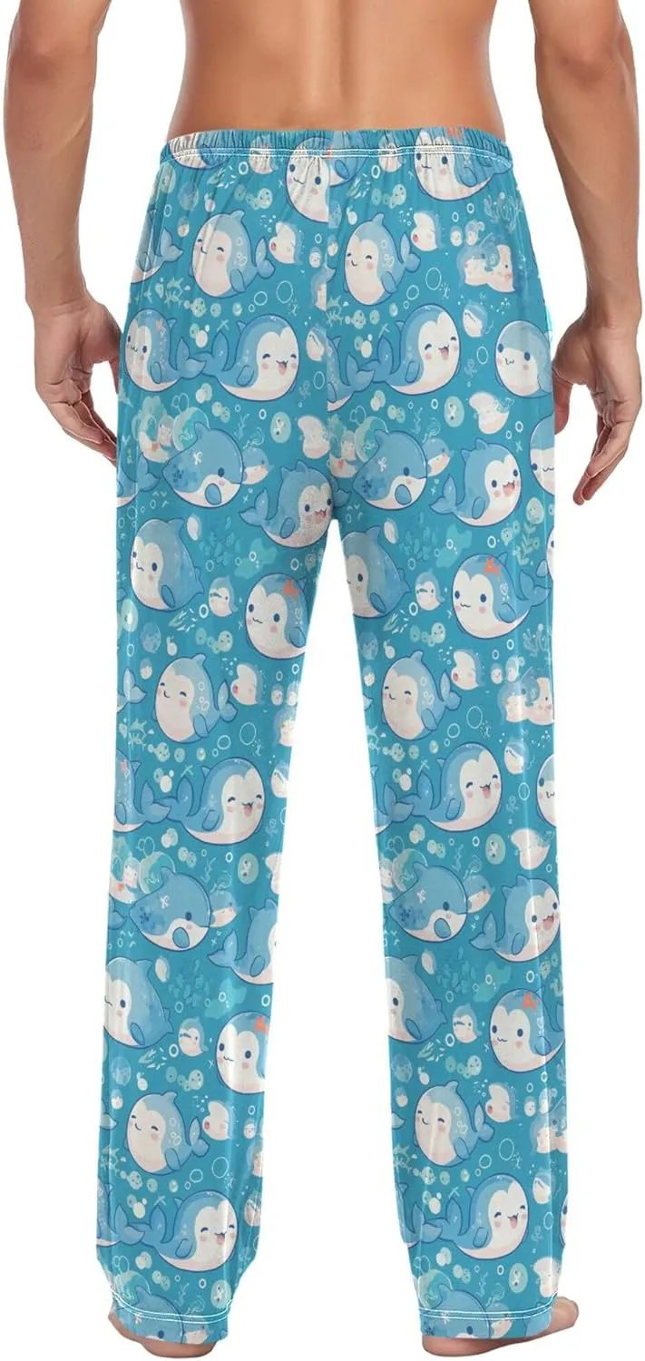 JUNZAN Cartoon Cute Dolphins Blue Cotton Pajama Bottoms Men with Pockets Warm Sleepwear for Spring Christmas Presents S