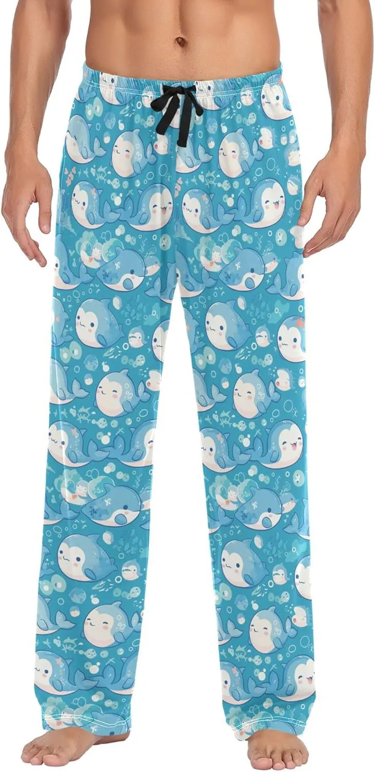 JUNZAN Cartoon Cute Dolphins Blue Cotton Pajama Bottoms Men with Pockets Warm Sleepwear for Spring Christmas Presents S