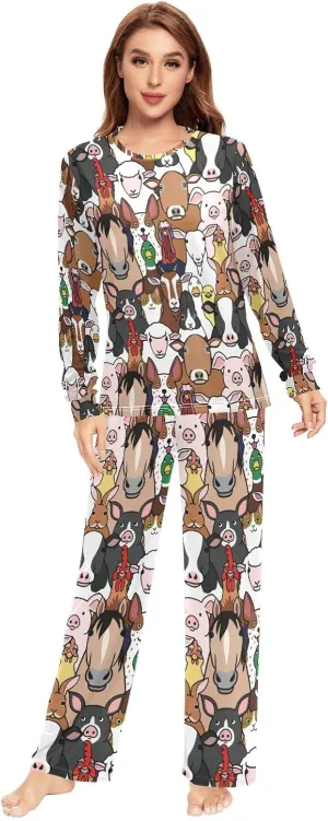 JUNZAN Cute Sea and Land Animals Pajamas for Women Long Sleeve Top & Bottom Sleepwear Set Couple Nightwear XXS