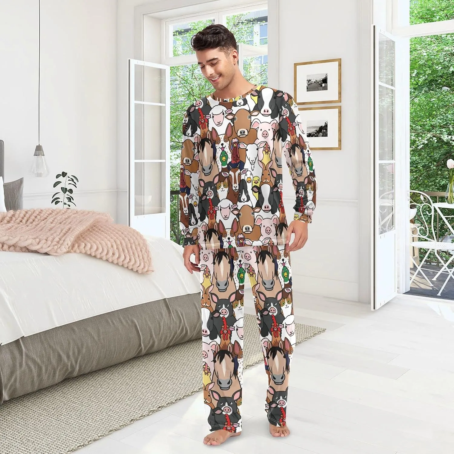 JUNZAN Cute Sea and Land Animals Pajamas for Women Long Sleeve Top & Bottom Sleepwear Set Couple Nightwear XXS