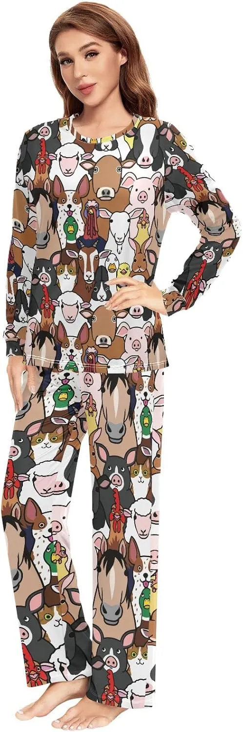 JUNZAN Cute Sea and Land Animals Pajamas for Women Long Sleeve Top & Bottom Sleepwear Set Couple Nightwear XXS