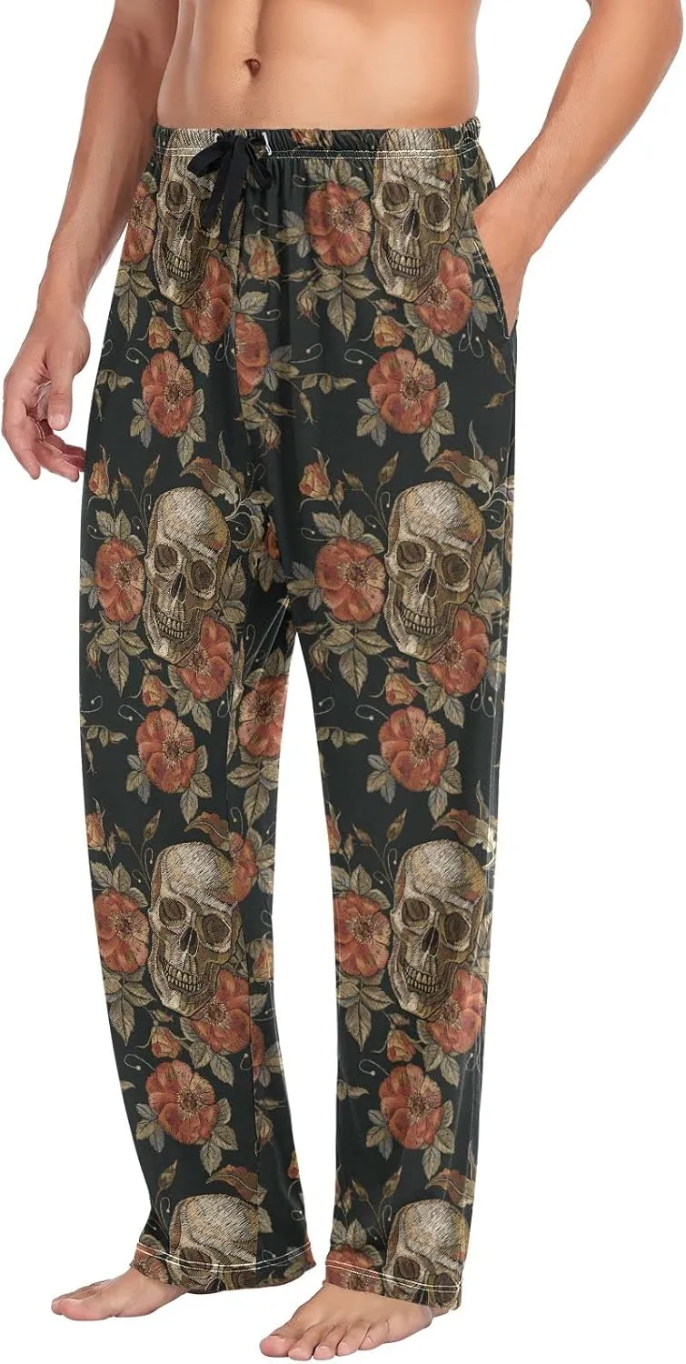 JUNZAN Mens Pajama Pants Skull and Roses Pajama Bottoms for Men Lounge Pants S