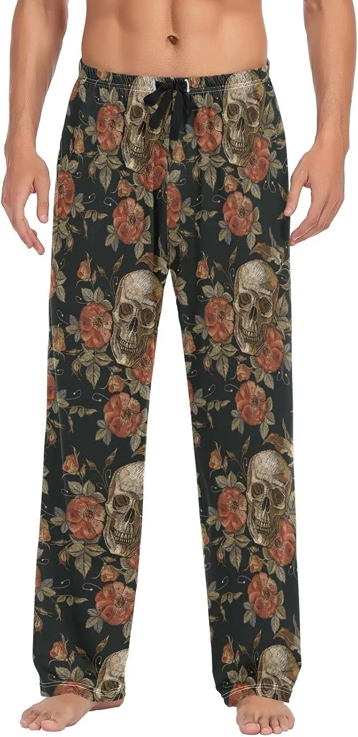 JUNZAN Mens Pajama Pants Skull and Roses Pajama Bottoms for Men Lounge Pants S