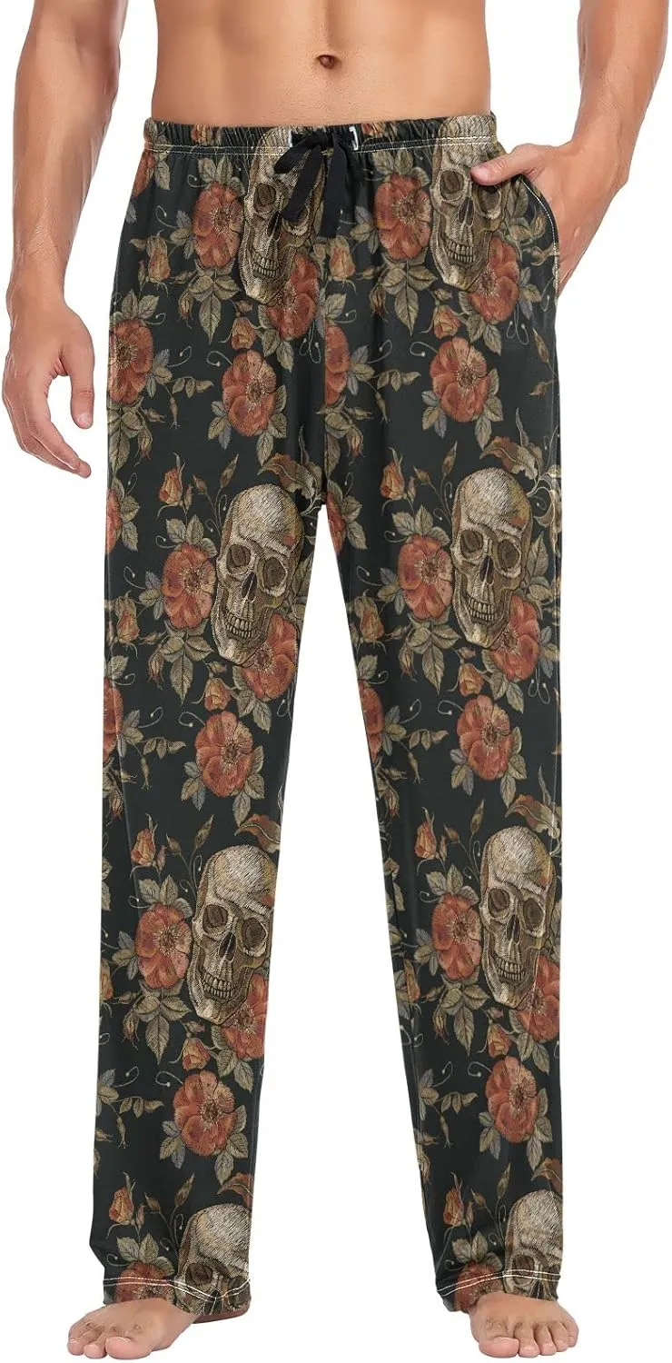 JUNZAN Mens Pajama Pants Skull and Roses Pajama Bottoms for Men Lounge Pants S