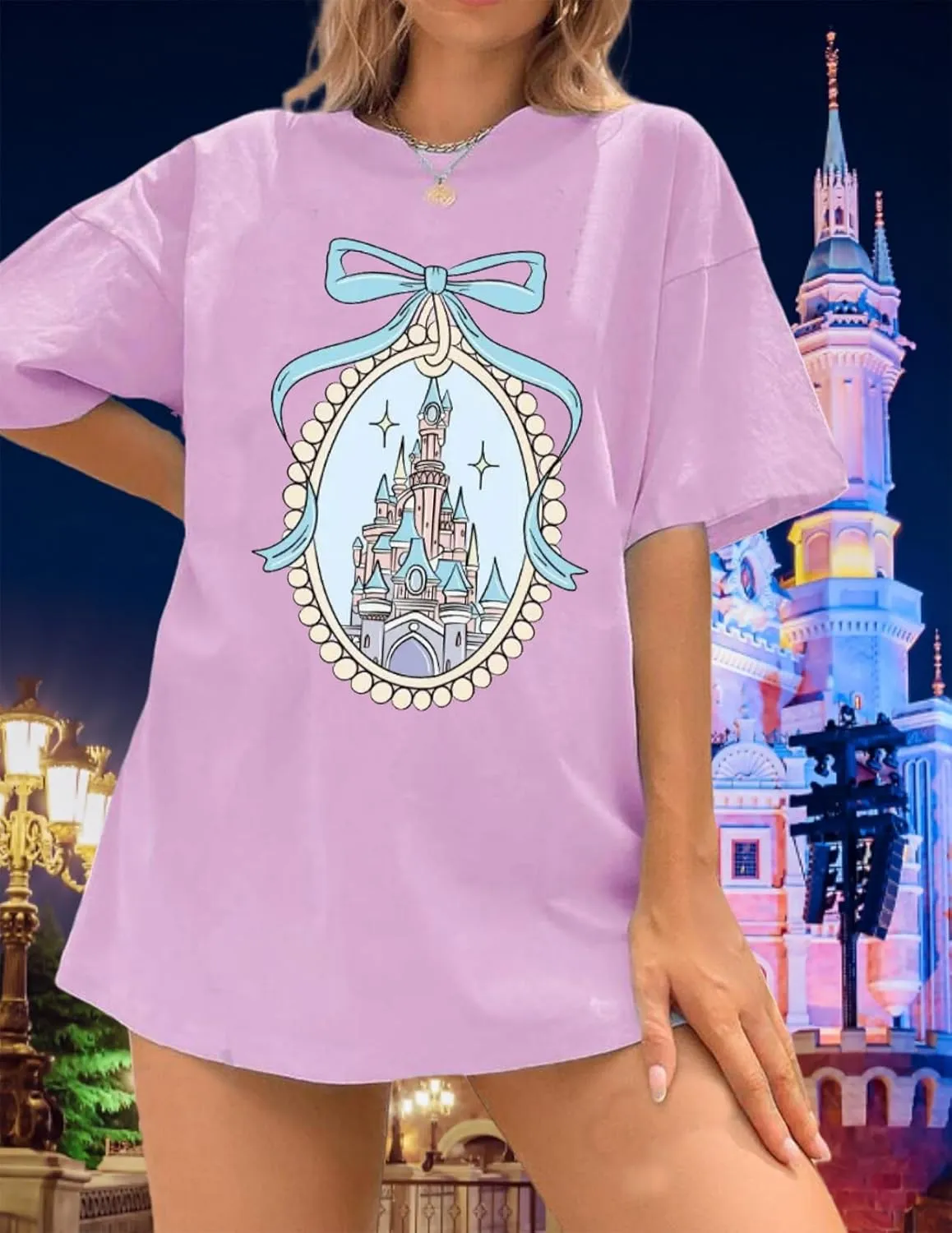 jusgai Magic Kingdom Tshirts for Women Cute Castle Shirt Oversized Bows Graphic Tee Family Vacation Short Sleeve Tops