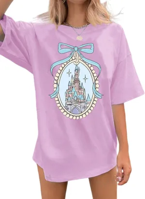 jusgai Magic Kingdom Tshirts for Women Cute Castle Shirt Oversized Bows Graphic Tee Family Vacation Short Sleeve Tops