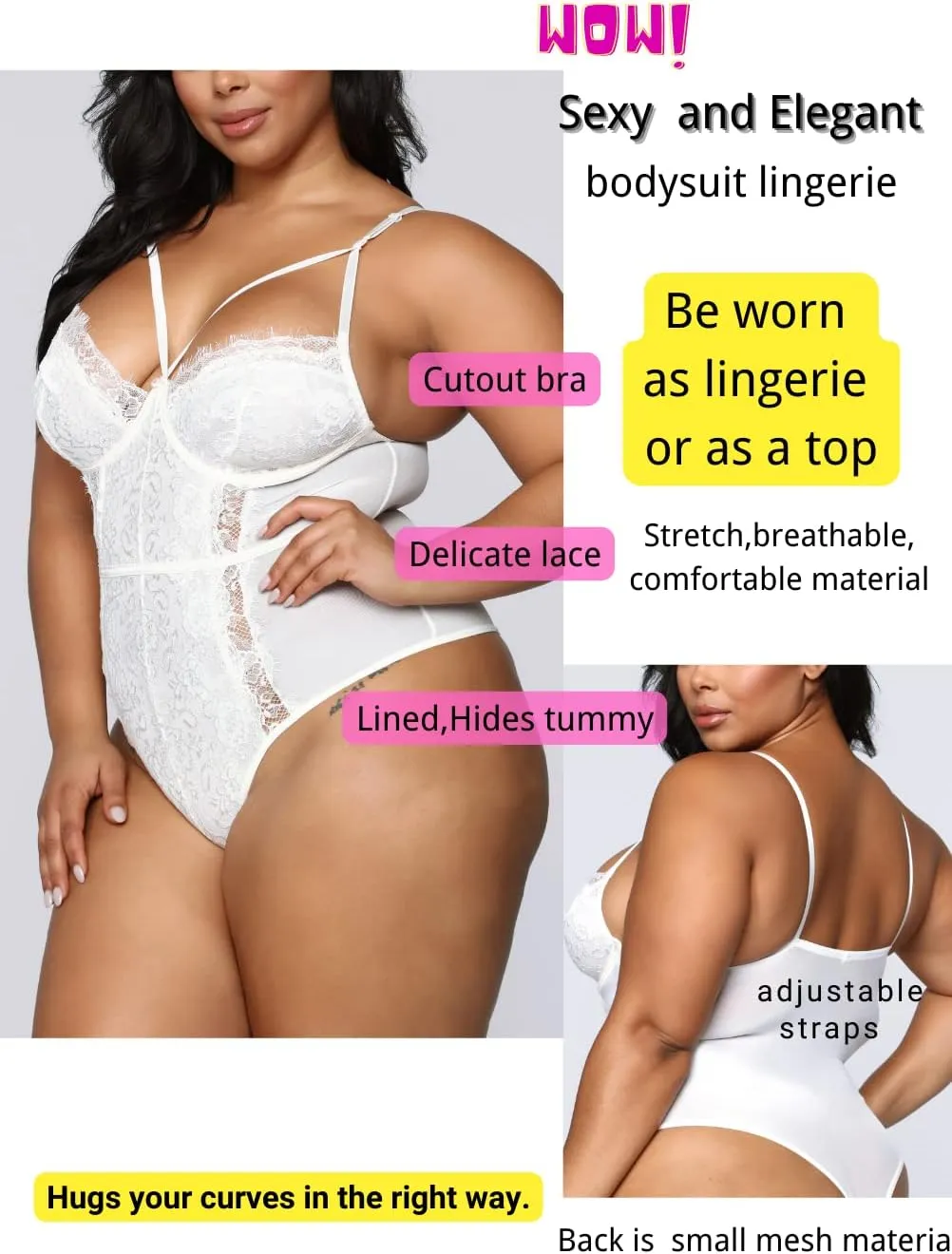 Kaei&Shi Plus Size Eyelash Lace Bodysuit, Snap Crotch Sexy Top Lingerie, Club Outfit