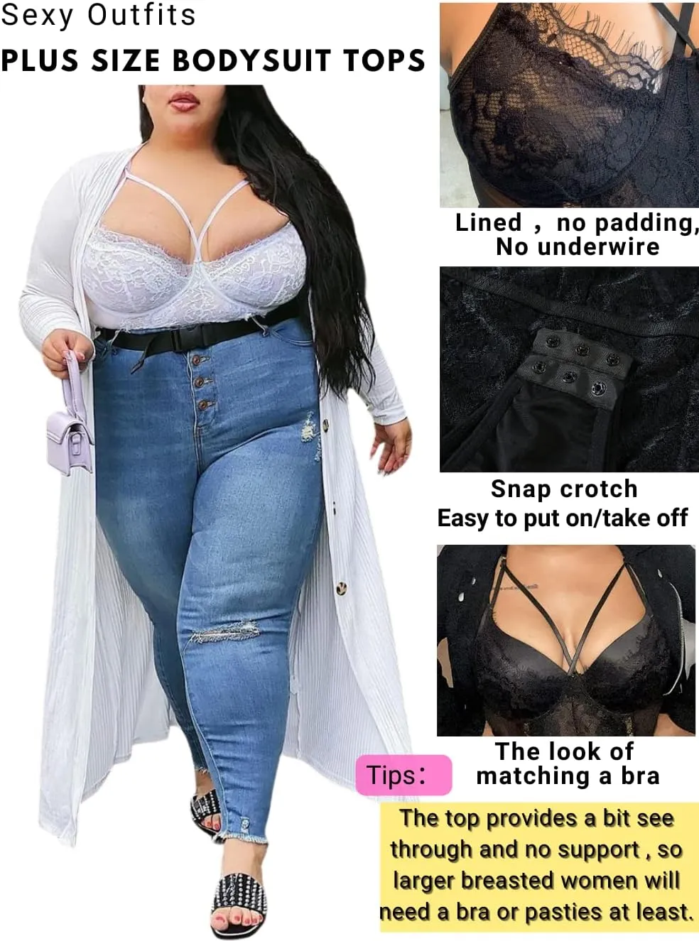 Kaei&Shi Plus Size Eyelash Lace Bodysuit, Snap Crotch Sexy Top Lingerie, Club Outfit