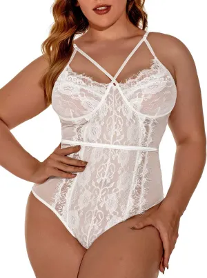 Kaei&Shi Plus Size Eyelash Lace Bodysuit, Snap Crotch Sexy Top Lingerie, Club Outfit