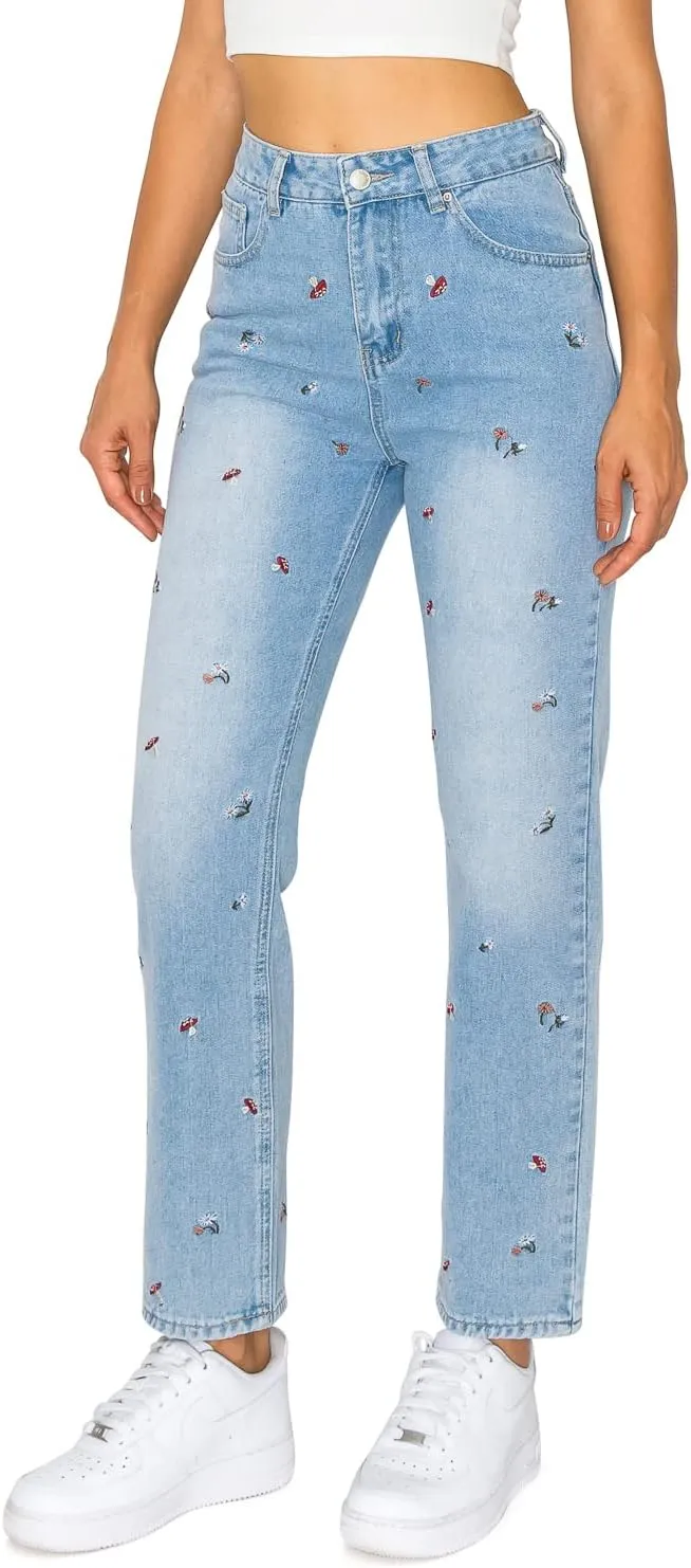 KHAKI & BLUE Women's Denim Pants  High Waisted All-Over Embroidery Straight Leg Casual Comfy Jeans