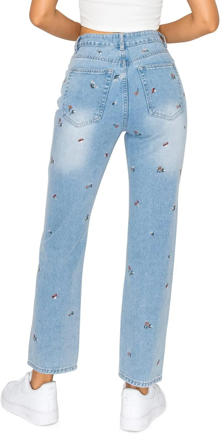 KHAKI & BLUE Women's Denim Pants  High Waisted All-Over Embroidery Straight Leg Casual Comfy Jeans