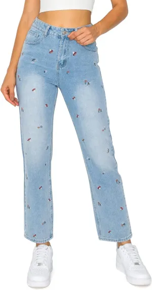 KHAKI & BLUE Women's Denim Pants  High Waisted All-Over Embroidery Straight Leg Casual Comfy Jeans