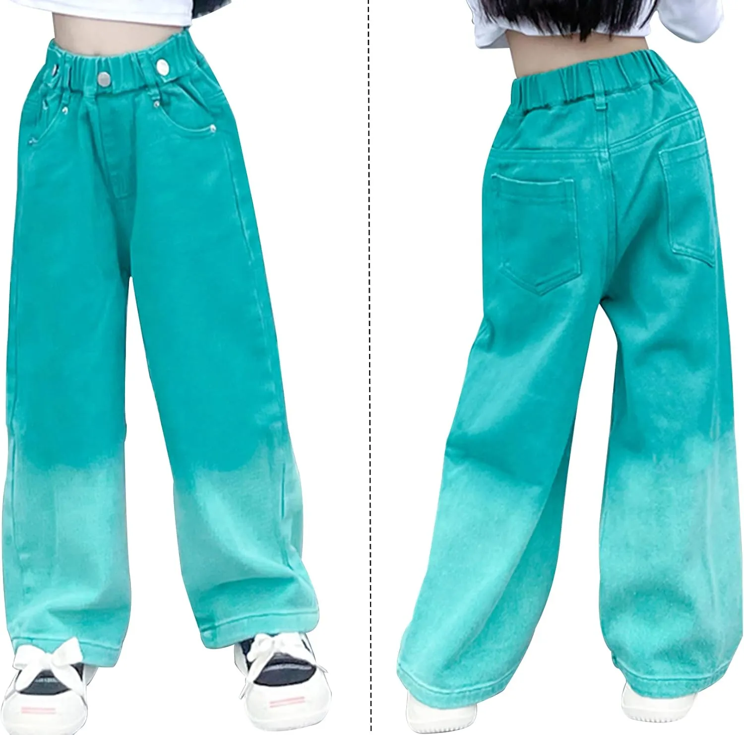 Kid Bootcut Jeans Girl Wide Straight Leg Pants Cute Loose Fit Causal Stylish Trousers Stretch Fashion Elastic Waist Jeans