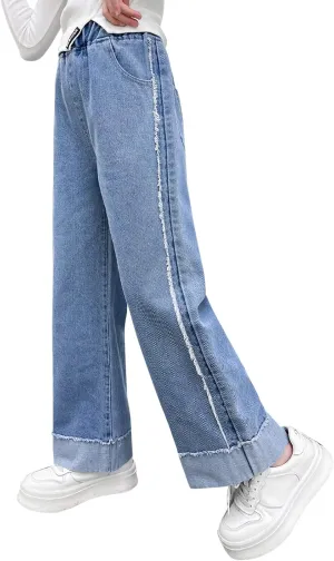 Kid Bootcut Jeans Girl Wide Straight Leg Pants Cute Loose Fit Causal Stylish Trousers Stretch Fashion Elastic Waist Jeans