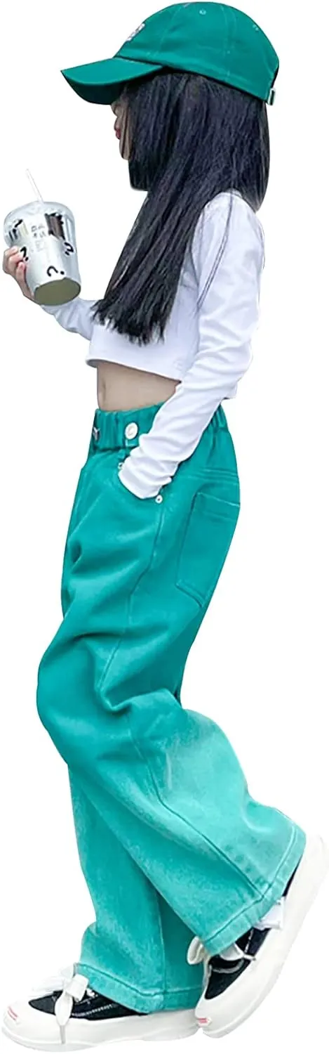 Kid Bootcut Jeans Girl Wide Straight Leg Pants Cute Loose Fit Causal Stylish Trousers Stretch Fashion Elastic Waist Jeans